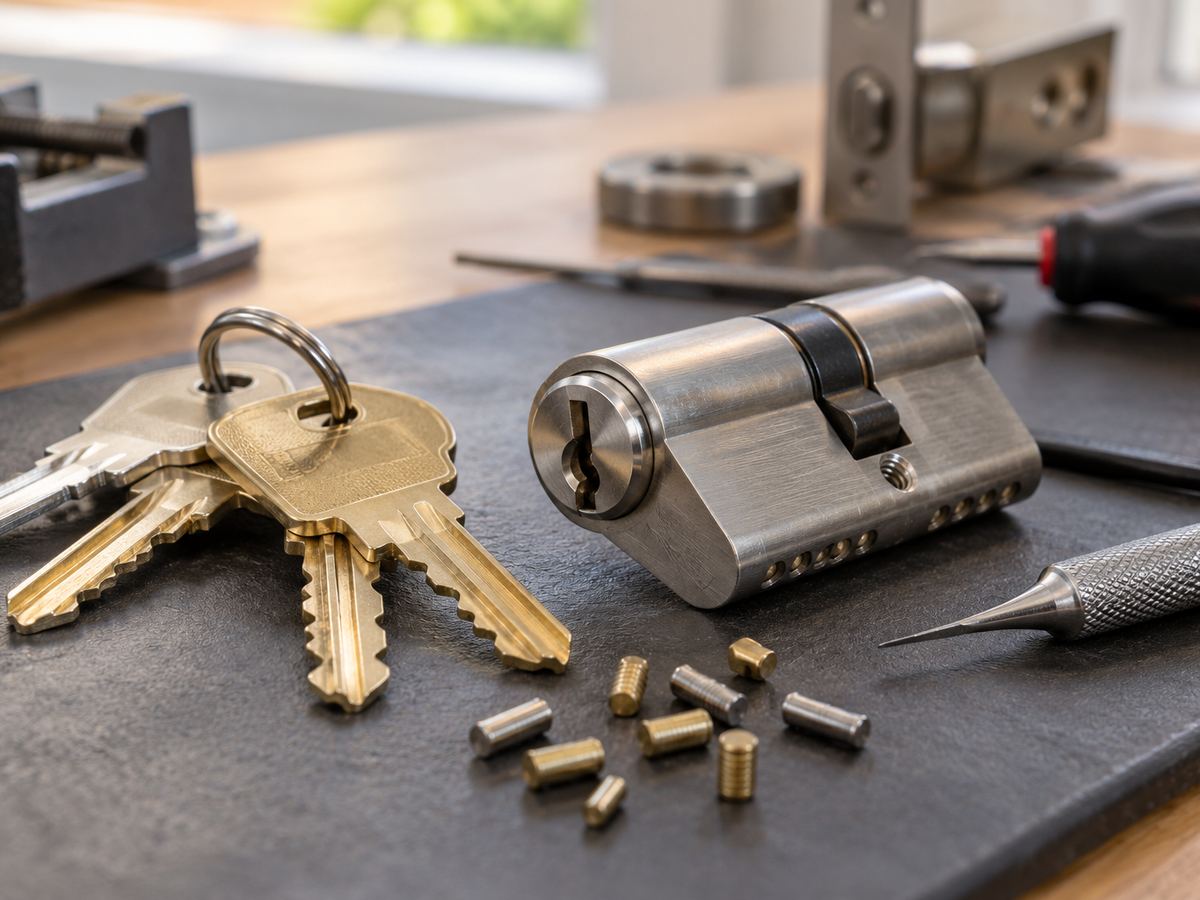 Lock cylinder and keys on a locksmith's workbench